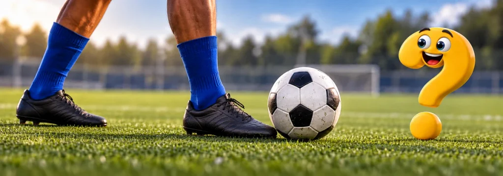 Fußballschuhe und Ball vor der Vorbereitung einer Flanke neben dem gelben Fragezeichen-Maskottchen.
