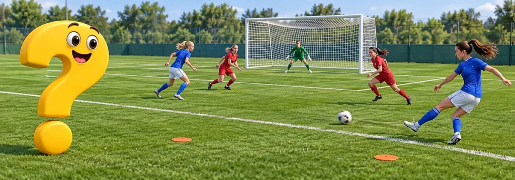 Fußballspielerin spielt eine flache Hereingabe zu einer einlaufenden Mitspielerin, das gelbe Fragezeichen beobachtet die Übung.