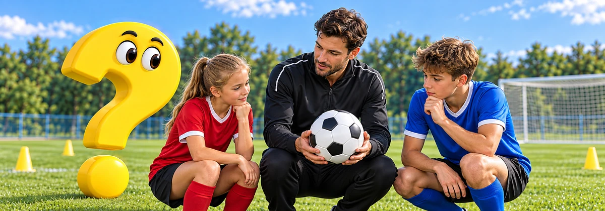 Fußball-Größen: Ein Trainer bespricht mit zwei jungen Spielern die Ballauswahl