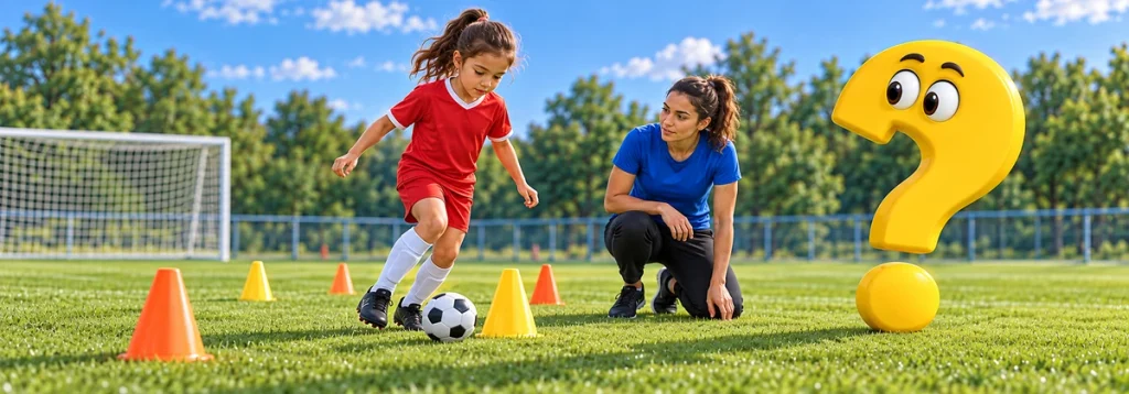 Ein junges Mädchen übt die Ballführung zwischen Hütchen mit einer Trainerin