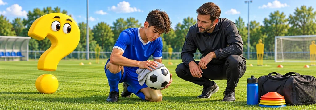 Jugendlicher Fußballspieler prüft gemeinsam mit seinem Trainer einen Fußball auf dem Trainingsplatz. Daneben steht das gelbe Fragezeichen-Maskottchen.