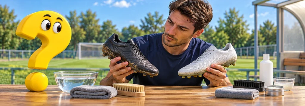 Eine Person vergleicht zwei Fußballschuhe vor der Reinigung