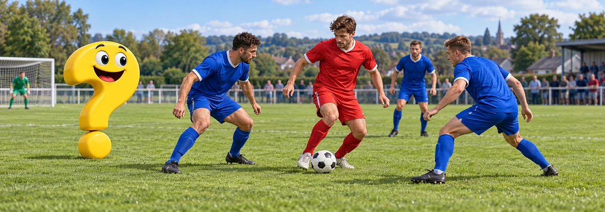 Gegenpressing: Zwei blaue Fußballspieler setzen einen roten Ballbesitzer unter Druck, daneben ein gelbes Fragezeichen mit großen Augen und Mund.