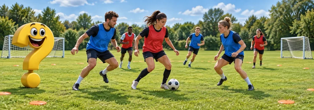 Fußballspieler in blauen Leibchen laufen eine rote Ballbesitzerin in einer kleinen Spielform an, begleitet vom gelben Fragezeichen.