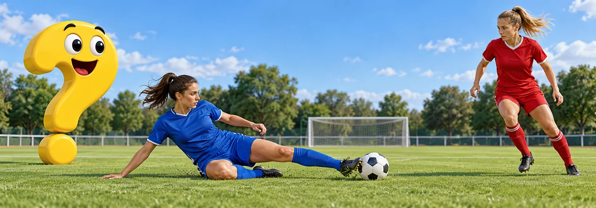 Fußballerin spielt bei einer niedrigen Grätsche den freien Ball vor einer Gegenspielerin weg