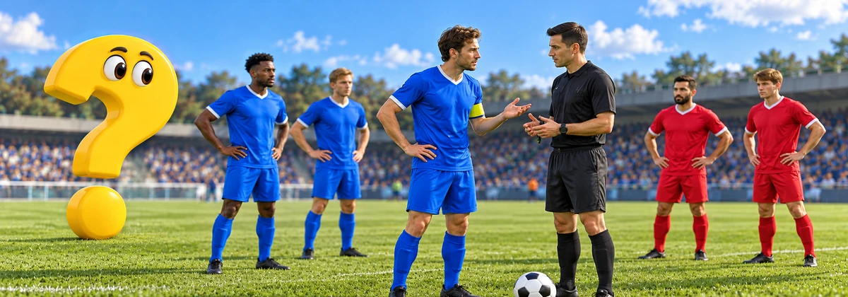 Kapitän im Fußball spricht respektvoll mit dem Schiedsrichter während die Mitspieler Abstand halten