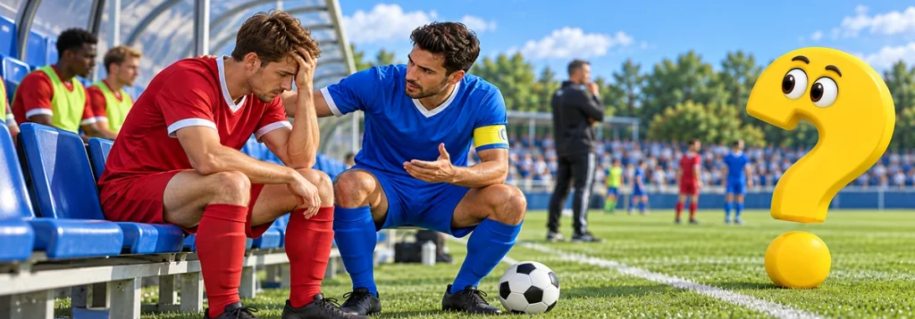 Ein Kapitän spricht an der Seitenlinie ruhig mit einem enttäuschten Spieler