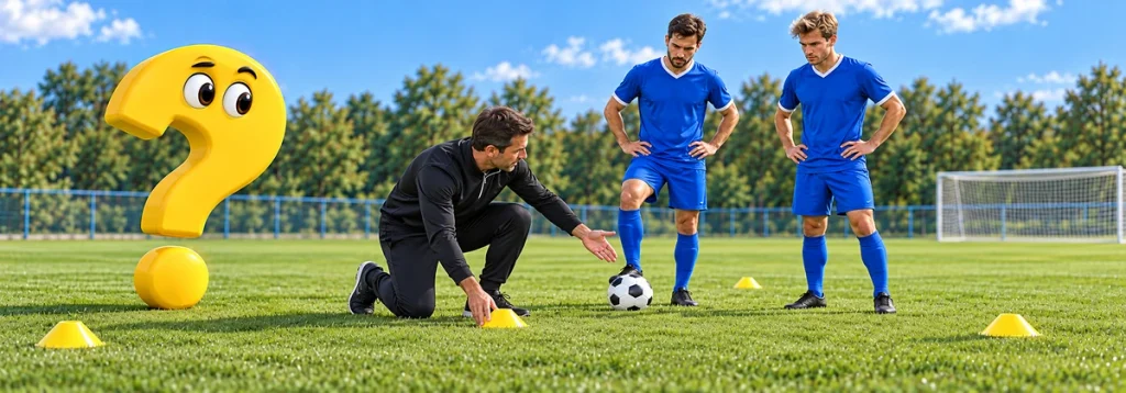 Trainer versetzt eine Markierung für das Rondo, während zwei Spieler zusehen