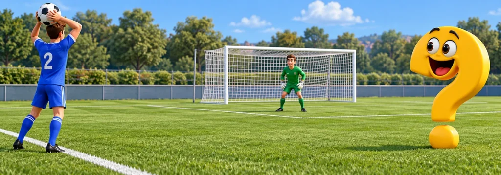 Ein Fußballspieler bereitet einen Einwurf zum eigenen Torwart vor, der die Rückpassregel beachten muss. Immer dabei: das gelbe Fragezeichen-Maskottchen.