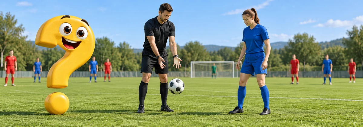 Schiedsrichterball: Der Schiedsrichter lässt einen Fußball für eine blaue Spielerin fallen, alle anderen stehen weit entfernt neben dem gelben Fragezeichen.