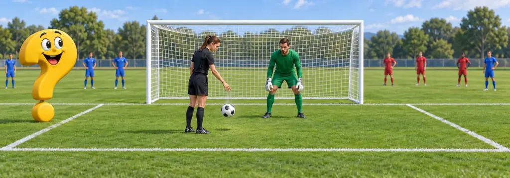 Schiedsrichterin lässt den Ball im Strafraum vor dem grünen Torwart fallen, daneben ein gelbes Fragezeichen mit großem Gesicht.