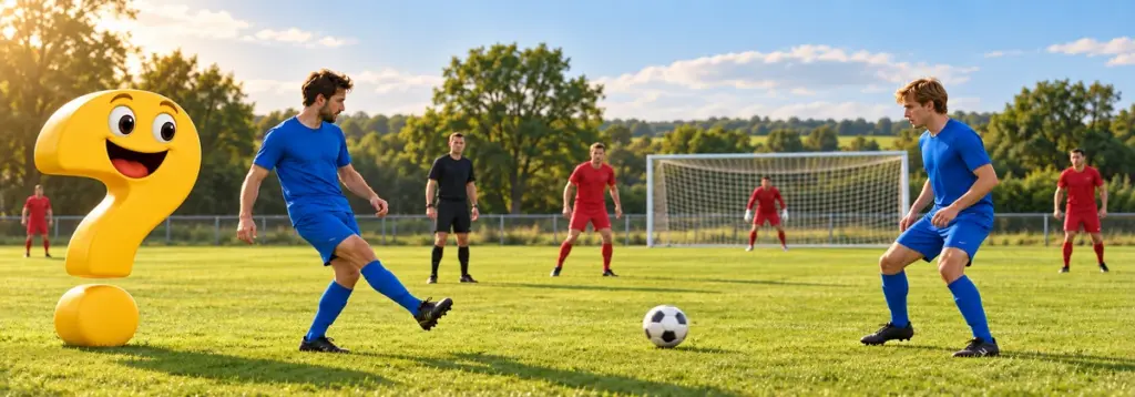 Zwei blaue Fußballspieler spielen einen kurzen Pass vor dem gegnerischen Tor, begleitet vom gelben Fragezeichen.