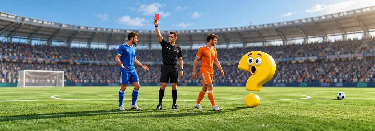 Schiedsrichter zeigt nach einer Tätlichkeit Rot, während zwei Fußballspieler Abstand halten und ein gelbes Fragezeichen zusieht.