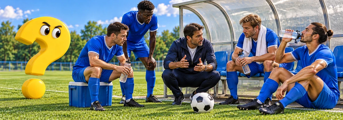 Spieler trinken vor der Verlängerung im Fußball und hören ihrem Trainer zu