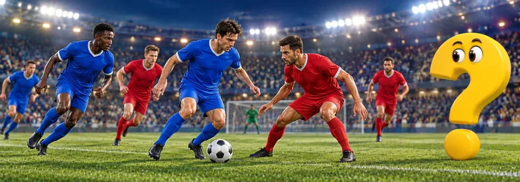 Zwei Mannschaften spielen bei abendlichem Stadionlicht einen umkämpften Fußballabschnitt