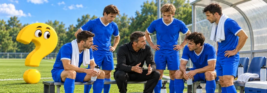 Spieler in blauen Trikots hören während einer kurzen Trinkpause ihrem Trainer zu